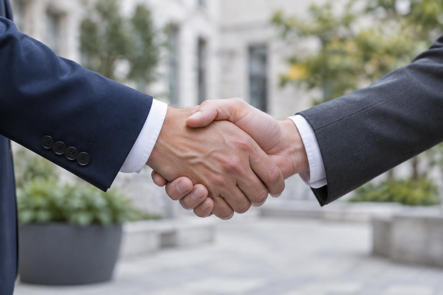 A close-up handshake with neutral suit sleeves against a soft outdoor backdrop